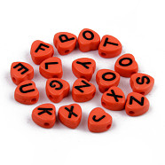 Opaque Acrylic Enamel Beads, Horizontal Hole, Heart with Mixed Black Letters, Orange Red, 7x7x4mm, Hole: 1.5mm, about 3600pcs/500g(MACR-S273-37I)