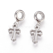 304 Stainless Steel European Dangle Charms, Large Hole Pendants, Cross, Stainless Steel Color, 28mm, Hole: 5mm, Pendant: 16.5x10x3mm(STAS-P217-09P)