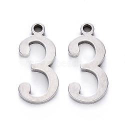 Tarnish Resistant 201 Stainless Steel Charms, Number, Laser Cut, Stainless Steel Color, Num.3, 15x7x1.5mm, Hole: 1.5mm(STAS-R108-03)