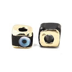 Brass Enamel Beads, Long-Lasting Plated, Real 18K Gold Plated, Square with Evil Eye Pattern, Black, 10~12x10~12x8~9mm, Hole: 4~4.5mm(KK-F842-01B)