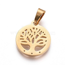 304 Stainless Steel Pendants, Flat Round with Tree of Life, Golden, 16x14x1.3mm, Hole: 6x3mm(STAS-I130-08G)