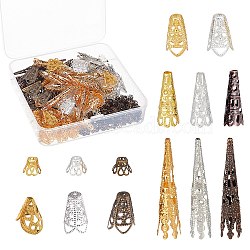 SUNNYCLUE 410Pcs 14 Style Multi-Petal Filigree Iron Bead Caps, 6-Petal Iron Bead Cones, Iron Bead Caps, Mixed Color, 6.5~42x8~20mm, hole: 1~3mm(IFIN-SC0001-31)