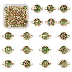 Glass Links Connectors, with Light Gold Plated Alloy Findings, Flat Round with Mixed Pattern, Lime Green, Light Gold, 13.5x19.5x5.5mm, Hole: 1.6mm, 18 styles, 2pcs/style, 36pcs/box(GLAA-TA0003-12LG)