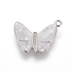 Brass Enamel Pendants, with Freshwater Shell and Micro Pave Cubic Zirconia, Butterfly, Platinum, Floral White, 14x17x2mm, Hole: 1.4mm(KK-E763-07A-P)