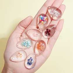40Pcs 10 Colors Transparent Glass Pendants, with Gemstone Chip & Shell inside and Epoxy Resin Bottom, Teardrop, Mixed Color, 30x20x8mm, Hole: 1.5mm, 4pcs/color(GGLA-SZ0001-44)