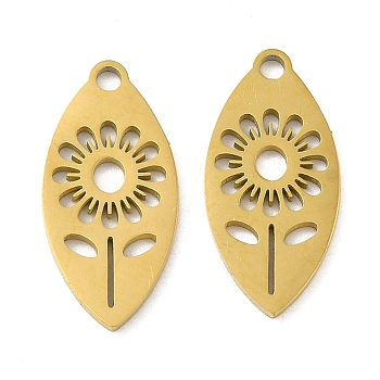 Ion Plating(IP) 304 Stainless Steel Pendants, Laser Cut, Horse Eye with Flower Charm, Golden, 18.5x9x1mm, Hole: 1.6mm