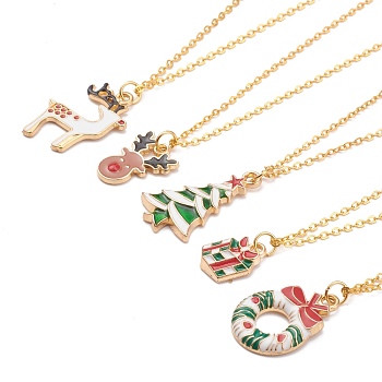 Christmas Theme Alloy Enamel Pendant Necklaces, with Brass Cable Chains, Mixed Shapes, Mixed Color, Golden, 17.91 inch(45.5cm)