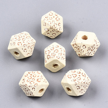 Painted Natural Wood Beads, Laser Engraved Pattern, Faceted, Polygon with Leopard Print, Light Yellow, 10x10x10mm, Hole: 2mm