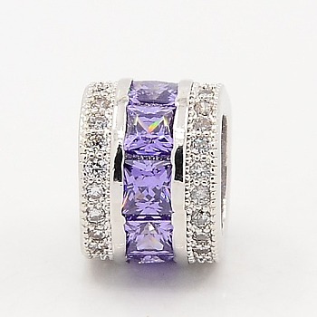 Medium Purple CZ Jewelry Findings Brass Micro Pave Cubic Zirconia Beads, Large Hole Column Beads, Grade AAA, Lead Free & Cadmium Free & Nickel Free, Platinum, 8x10x10mm, Hole: 6.5mm