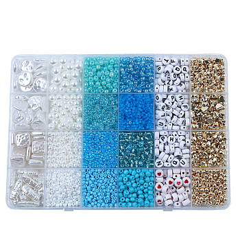 DIY 24 Style Acrylic & ABS Beads Jewelry Making Finding Kit, Flat Round & Star & Barrel & Round & Heart & Strip & Rhombus, Light Sky Blue, 6~18.5x6~15x2.2~16.5x1.5~7.5mm, Hole: 0.7~1.8mm