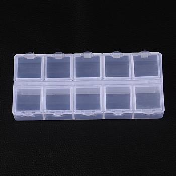 Des récipients en plastique de talon cuboïde, flip top stockage de perles, 10 compartiments, blanc, 13.2x6.2x2.05 cm