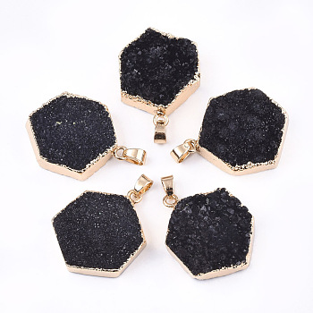 Electroplate Natural Druzy Agate Pendants, with Iron Findings, Dyed, Hexagon, Golden, Black, 32~36x24~27x8~15mm, Hole: 4.5x6.5mm