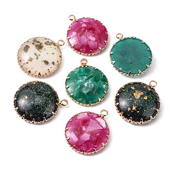Resin Pendants, with Druzy Resin, Glitter Powder, Gold Foil and Golden Tone Brass Open Back Settings, Flat Round, Mixed Color, 24~25x20~21x4.5~6.5mm, Hole: 2mm