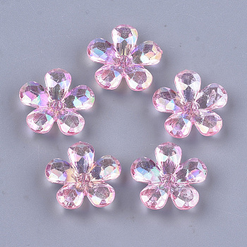 Transparent Acrylic Bead Caps, AB Color, Faceted, 5-Petal, Flower, Pink, 23x22x7mm, Hole: 1.8mm