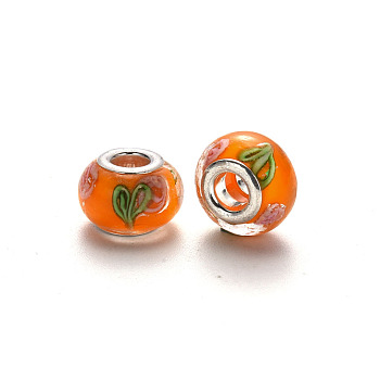 Handmade Lampwork European Beads, Large Hole Rondelle Beads, with Platinum Tone Brass Double Cores, Dark Orange, 14~16x9~10mm, Hole: 5mm