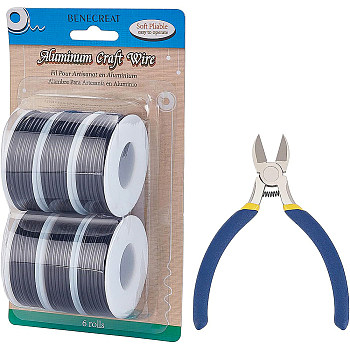 BENECREAT Round Aluminum Wire, with Iron Side Cutting Pliers, Black, 12 Gauge, 2mm, 5.8m/roll, 6 rolls