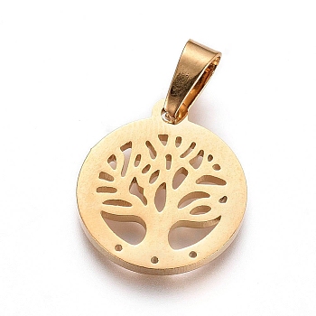 304 Stainless Steel Pendants, Flat Round with Tree of Life, Golden, 16x14x1.3mm, Hole: 6x3mm