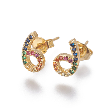 Brass Cubic Zirconia Stud Earrings, Number 6, Golden, 10x6x2mm, Pin: 0.7mm