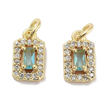 Brass Micro Pave Cubic Zirconia Charms, Cadmium Free & Nickel Free & Lead Free, with Jump Ring, Rectangle, Real 18K Gold Plated, Cyan, 10x6x3.5mm, Hole: 2.5mm