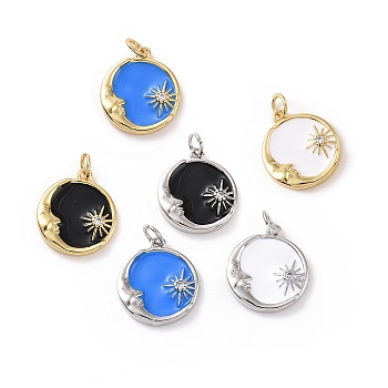 Rack Plating Brass Micro Pave Cubic Zirconia Pendants, with Enamel and Jump Ring, Long-Lasting Plated, Cadmium Free & Lead Free, Flat Round & Sun & Moon, Mixed Color, 17.5x15.5x3mm, Hole: 3mm