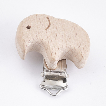 Beech Wood Baby Pacifier Holder Clips, with Iron Clips, Elephant, Platinum, BurlyWood, 49x41x19mm, Hole: 3.5x6mm