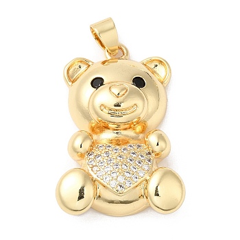 Rack Plating Brass Micro Pave Clear Cubic Zirconia Pendants, Bear Charms with Heart, Long-Lasting Plated, Cadmium Free & Lead Free, Real 18K Gold Plated, 34x22.5x8mm, Hole: 5x4mm