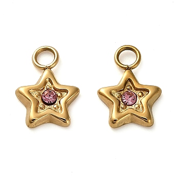 304 Stainless Steel Pendants, with Rhinestone, Golden, Star, 9.5x7.5x1.5mm, Hole: 1.8mm