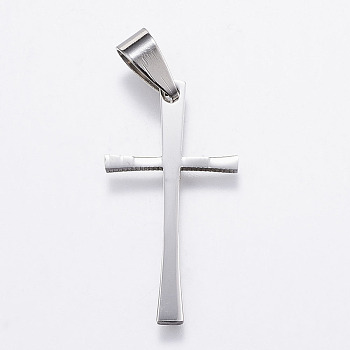 304 Stainless Steel Pendants, Cross, Stainless Steel Color, 32.5x17x1.5mm, Hole: 5x9mm