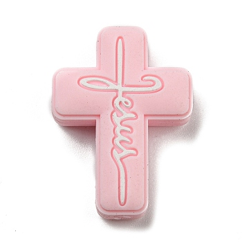 Cross with Word Jesus Silicone Focal Beads, Chewing Beads For Teethers, DIY Nursing Necklaces Making, Pink, 30x22x8mm, Hole: 2mm