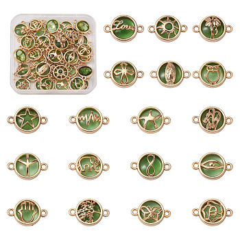 Glass Links Connectors, with Light Gold Plated Alloy Findings, Flat Round with Mixed Pattern, Lime Green, Light Gold, 13.5x19.5x5.5mm, Hole: 1.6mm, 18 styles, 2pcs/style, 36pcs/box