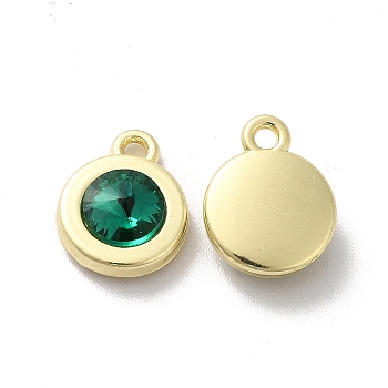 Alloy Pendant, with Glass, Light Gold, Lead Free & Cadmium Free, Falt Round Charm, Green, 12.5x10x4mm, Hole: 1.5mm