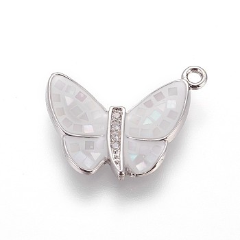 Brass Enamel Pendants, with Freshwater Shell and Micro Pave Cubic Zirconia, Butterfly, Platinum, Floral White, 14x17x2mm, Hole: 1.4mm