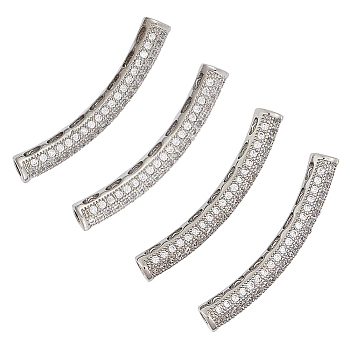 Brass Micro Pave Clear Cubic Zirconia Tube Beads, Tube, Curved, Platinum, 31x6.5x5mm, Hole: 2mm, 4pcs/box