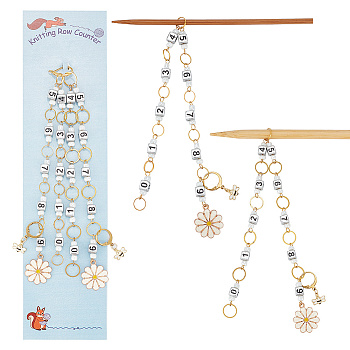 Flower & Bee Pendant Knitting Row Counter Chains, Acrylic & Alloy Enamel & Brass Linking Ring Locking Stitch Marker, Colorful, 27.3~28.7cm, 2pcs/set