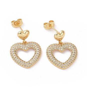 Clear Cubic Zirconia Hollow Out Heart Dangle Stud Earring, Brass Jewelry for Women, Real 18K Gold Plated, 23mm, Pin: 0.8mm