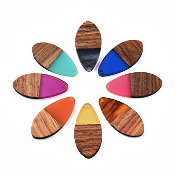 Transparent Resin & Walnut Wood Pendants, Teardrop Shape Charm, Mixed Color, 38x18x3mm, Hole: 2mm