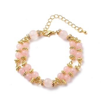 Natural Rose Quartz Beaded Double Line Multi-strand Bracelet, Gemstone Jewelry for Women, Golden, 7-1/4 inch(18.5cm)