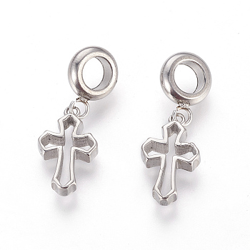 304 Stainless Steel European Dangle Charms, Large Hole Pendants, Cross, Stainless Steel Color, 28mm, Hole: 5mm, Pendant: 16.5x10x3mm