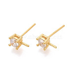 925 Sterling Silver & Clear Cubic Zirconia Stud Earring Findings, Square, for Half Drilled Beads, with 925 Stamp, Golden, 8x4mm, Pin: 1mm(STER-T008-71G)