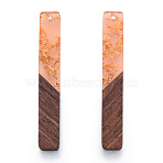 Transparent Resin & Walnut Wood Big Pendants, with Gold Foil, Rectangle Charm, Light Salmon, 51.5x7.5x3mm, Hole: 1.8mm(RESI-N025-034-A05)