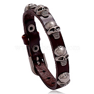 Alloy Skull Rivet Studded Cowhide Cord Bracelet, Gothic Bracelet with Buckle for Men Women, Coconut Brown, 9-1/2 inch(24cm)(SKUL-PW0004-33C)