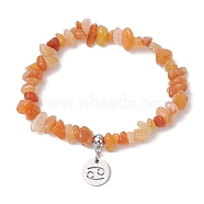 Natural Red Aventurine Chip Beaded Stretch Bracelets, 304 Stainless Steel Cancer Charm Bracelets for Women, Inner Diameter: 1-7/8~2-1/4 inch(4.8~5.7cm)(BJEW-JB11133-06)