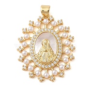 Brass Micro Pave Clear Cubic Zirconia Pendants, with Shell, ABS Imitation Pearl, Oval with Virgin Mary Charm, Real 18K Gold Plated, 31.5x25.5x4mm, Hole: 4x3.5mm(KK-I712-21G)