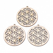 Undyed Natural Hollow Wooden Big Pendants, Laser Cut Shapes, Flat Round with Flower, Antique White, 63.5x59.5x2mm, Hole: 1.6mm(WOOD-N007-100)