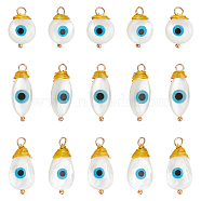 Nbeads 18Pcs 3 Style Freshwater Shell Pendants, with Golden Brass Findings, Flat Round & Teardrop with Evil Eye, Seashell Color, 14~20x7.5~9.5x4~6mm, Hole: 2~3mm, 6pcs/style(SHEL-NB0001-36)