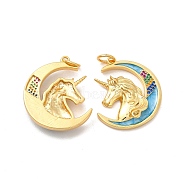 Rack Plating Brass Micro Pave Cubic Zirconia Pendants, with Jump Rings & Enamel, Long-Lasting Plated, Lead Free & Cadmium Free, Moon with Unicorn Charm, Real 18K Gold Plated, 29.5x24x5.5mm, Hole: 5.5mm(KK-A177-14G)