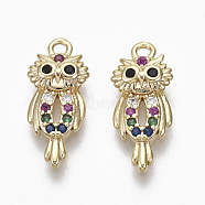 Brass Micro Pave Cubic Zirconia Charms, Nickel Free, Owl, Real 18K Gold Plated, Colorful, 15.5x7x3mm, Hole: 1.2mm(KK-R132-007-NF)