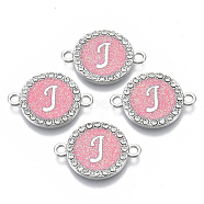 Alloy Enamel Links Connectors, with Crystal Rhinestones, Flat Round with Letter, Silver Color Plated, Letter.J, 22x16x2mm, Hole: 1.8mm(ENAM-TAC0003-01S-03J)