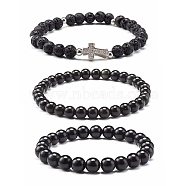 Natural Obsidian & Lava Rock Round Beads Stretch Bracelets Set, Cross Brass Micro Pave Cubic Zirconia Beads Bracelets for Men Women, Platinum, Inner Diameter: 2-3/8 inch(6cm), 3pcs/set(BJEW-JB06982-04)