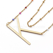 304 Stainless Steel Double Layer Necklaces, Pendant Necklaces, with Enamel, Cable Chains and Lobster Claw Clasps, Golden, Letter.K, Letter K: 34x42x1mm, 15.04 inch(38.2cm)(NJEW-JN02854-06)